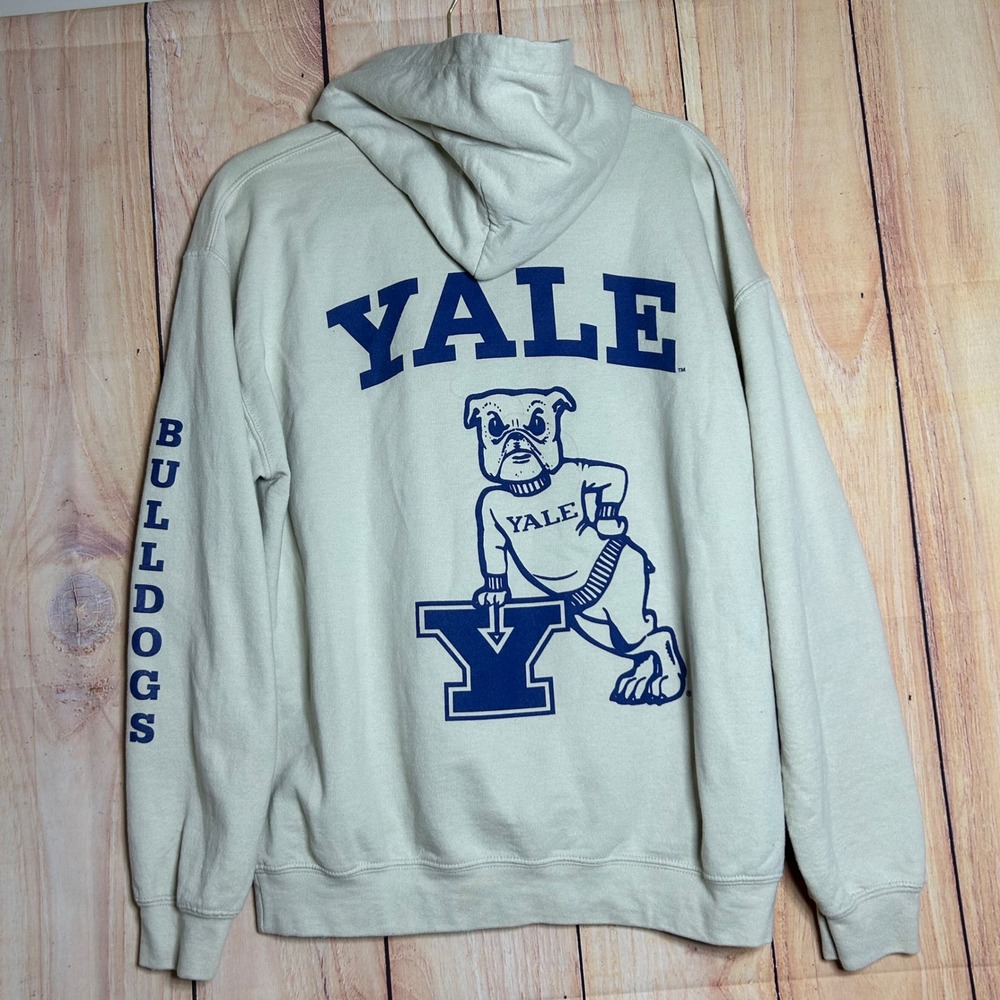 Yale University Hoodie Mens Medium Cream Bulldogs Mascot Graphic Ivy League